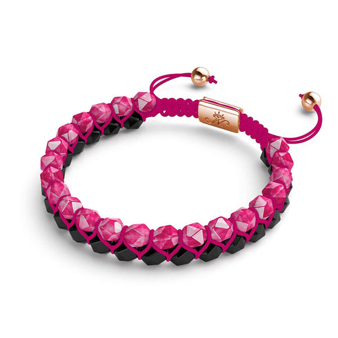 Quartz magenta et agate noire | Or rose | Bracelet double géométrie